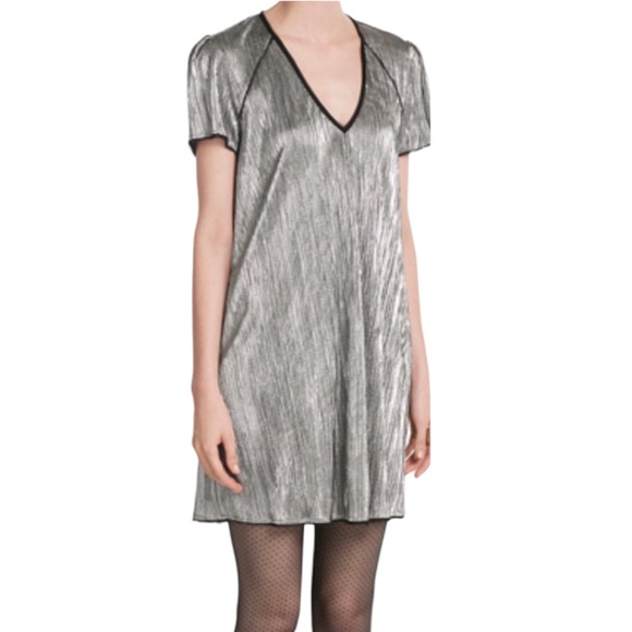 ZADIG & VOLTAIRE Lurex Russe Silver Metallic Short Sleeve V-Neck Mini Dress, S - Picture 4 of 9